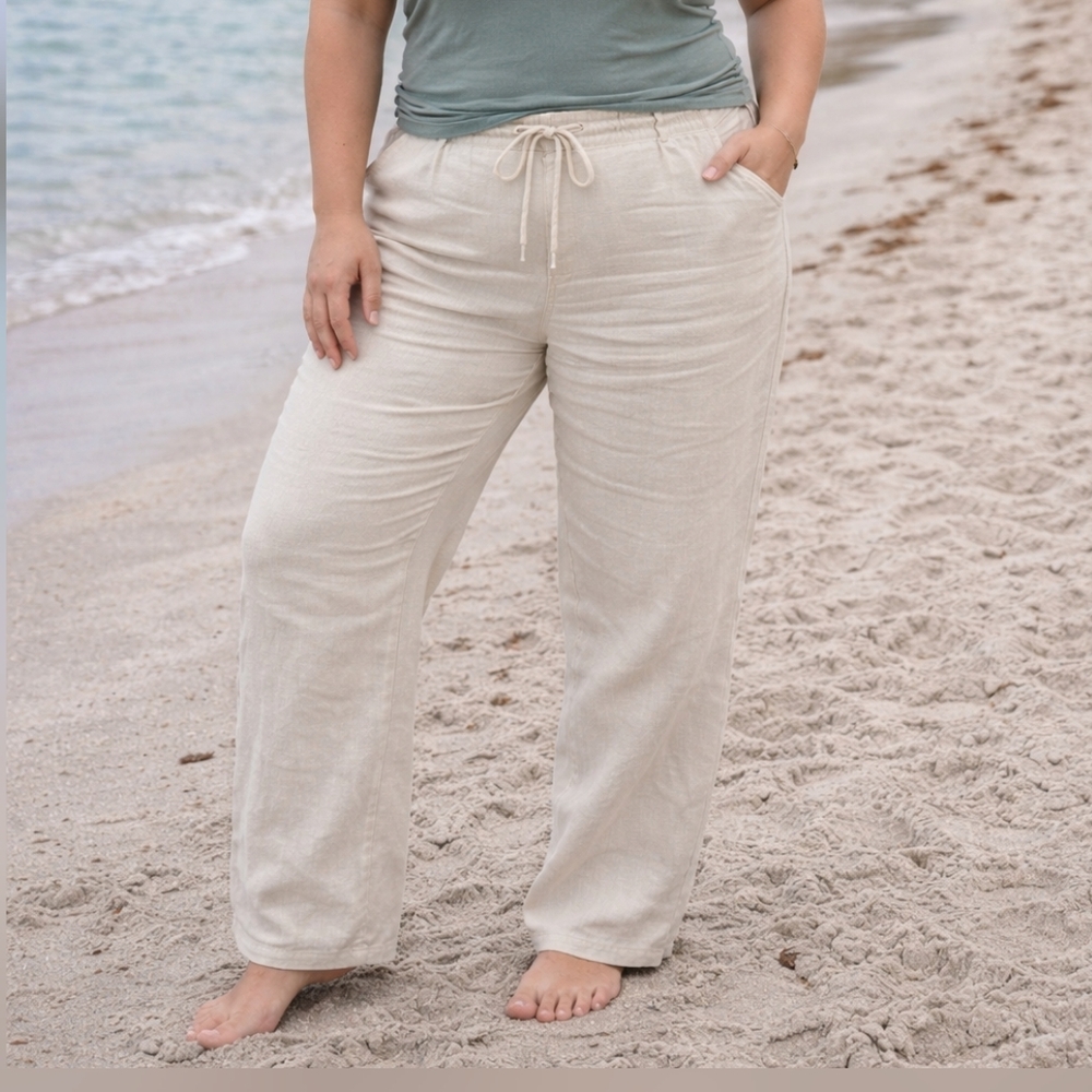 Island Importer Linen Pants Size 32 Cream Drawstring Relaxed Fit Lightweight